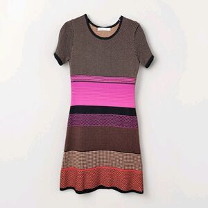 Skovhuus Danish Designer Vibrant Striped Knit Short Sleeve Stylish Sweater Dress